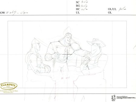 Justice League Original Production Drawing: Shining Knight, Vigilante, and Captain Marvel Sale